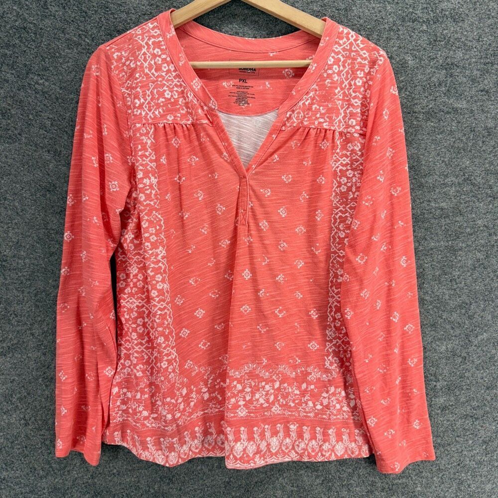 Sonoma T-Shirt Women PXL Petite Pink Geometric V-Neck Long Sleeve Rayon Casual